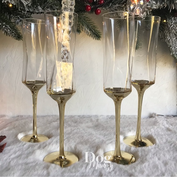 4 Luxe Habitat Yellow Gold Champagne Flute Wine Glass Box Set - Picture 1 of 7